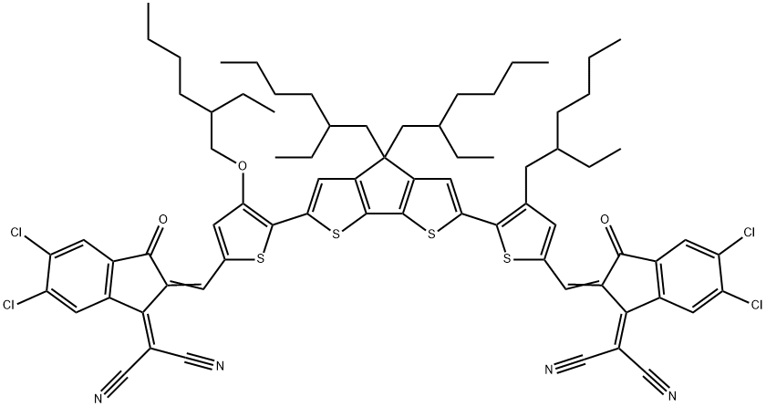 Propanedinitrile, 2-[5,6-dichloro-2-[[5-[6-[5-[[5,6-dichloro-1-(dicyanomethylene)-1,3-dihydro-3-oxo-2H-inden-2-ylidene]methyl]-3-[(2-ethylhexyl)oxy]-2-thienyl]-4,4-bis(2-ethylhexyl)-4H-cyclopenta[2,1-b:3,4-b']dithien-2-yl]-4-(2-ethylhexyl)-2-thienyl]methylene]-2,3-dihydro-3-oxo-1H-inden-1-ylidene]- Structure