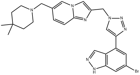 6-Bromo-4-[1-[[6-[(4,4-dimethyl-1-piperidinyl)methyl]imidazo[1,2-a]pyridin-2-yl]methyl]-1H-1,2,3-triazol-4-yl]-1H-indazole 구조식 이미지