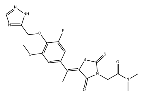 3-Thiazolidineacetamide, 5-[1-[3-fluoro-5-methoxy-4-(1H-1,2,4-triazol-5-ylmethoxy)phenyl]ethylidene]-N,N-dimethyl-4-oxo-2-thioxo-, (5Z)- Structure