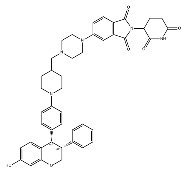 1H-Isoindole-1,3(2H)-dione, 5-[4-[[1-[4-[(3R,4S)-3,4-dihydro-7-hydroxy-3-phenyl-2H-1-benzopyran-4-yl]phenyl]-4-piperidinyl]methyl]-1-piperazinyl]-2-(2,6-dioxo-3-piperidinyl)-, rel- Structure
