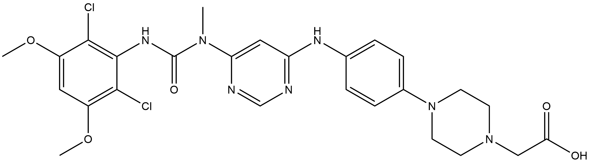 1-Piperazineacetic acid, 4-[4-[[6-[[[(2,6-dichloro-3,5-dimethoxyphenyl)amino]carbonyl]methylamino]-4-pyrimidinyl]amino]phenyl]- Structure