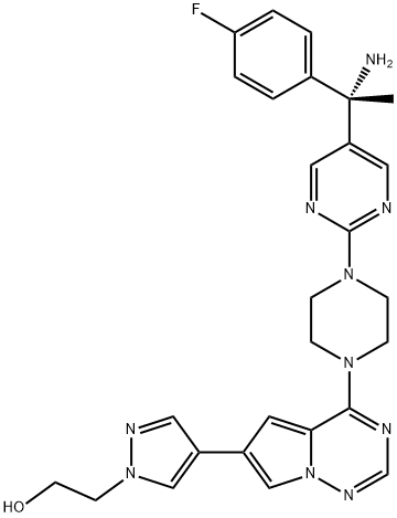 (S)-2-(4-(4-(4-(5-(1-amino-1-(4-fluorophenyl)ethyl)pyrimidin-2-yl)piperazin-1-yl)pyrrolo[2,1-f][1,2,4]triazin-6-yl)-1H-pyrazol-1-yl)ethan-1-ol 구조식 이미지