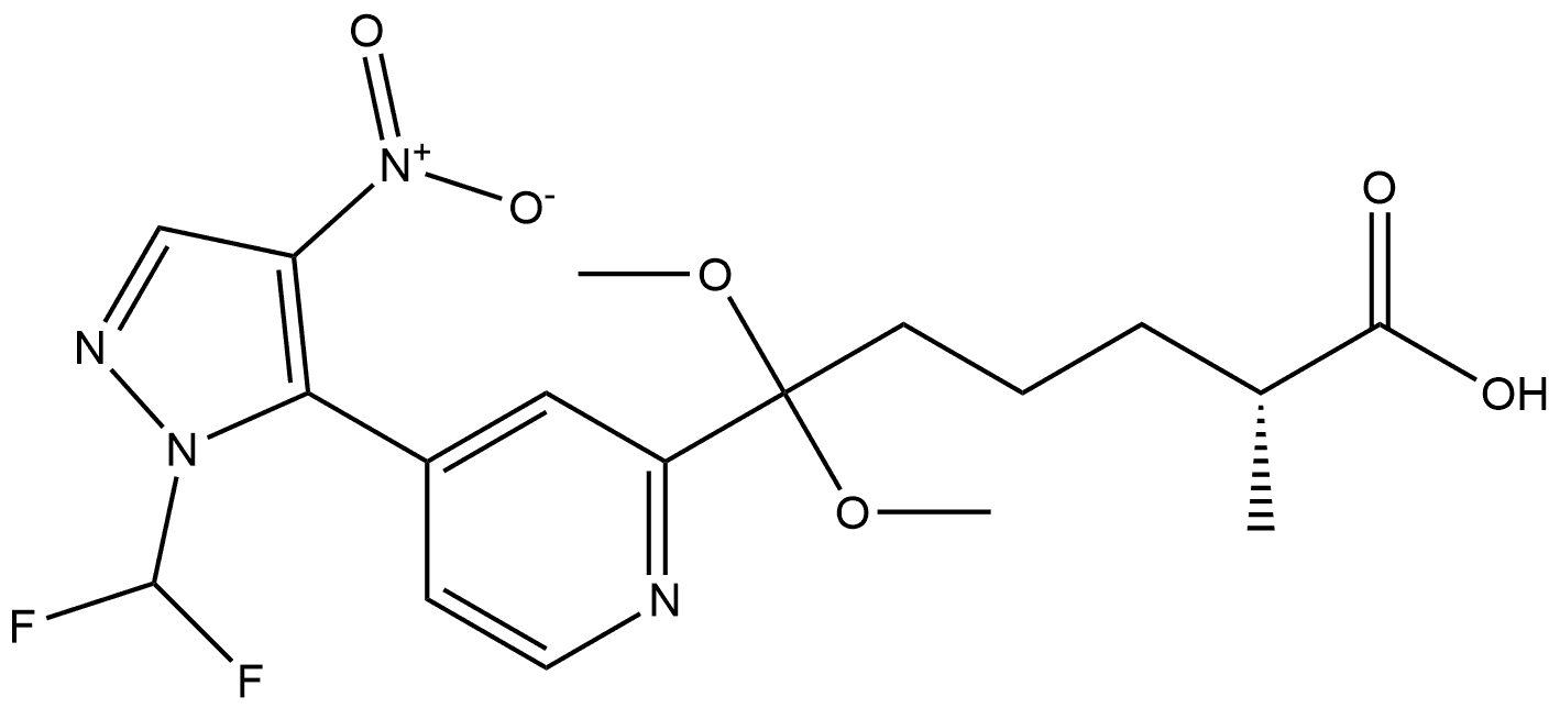 2-Pyridinehexanoic acid, 4-[1-(difluoromethyl)-4-nitro-1H-pyrazol-5-yl]-ε,ε-dimethoxy-α-methyl-, (αR)- Structure