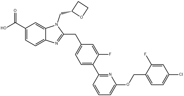 1H-Benzimidazole-6-carboxylic acid, 2-[[4-[6-[(4-chloro-2-fluorophenyl)methoxy]-2-pyridinyl]-3-fluorophenyl]methyl]-1-[(2S)-2-oxetanylmethyl]- Structure