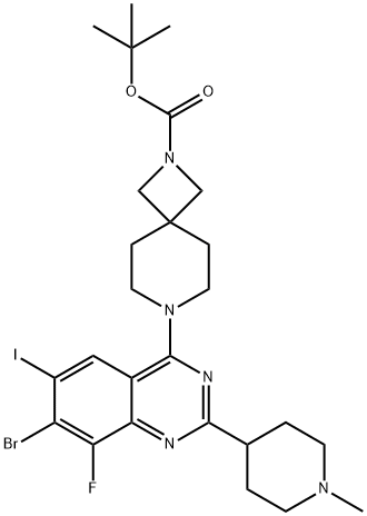 2,7-Diazaspiro[3.5]nonane-2-carboxylic acid, 7-[7-bromo-8-fluoro-6-iodo-2-(1-methyl-4-piperidinyl)-4-quinazolinyl]-, 1,1-dimethylethyl ester 구조식 이미지