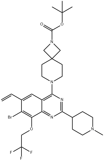 2,7-Diazaspiro[3.5]nonane-2-carboxylic acid, 7-[7-bromo-6-ethenyl-2-(1-methyl-4-piperidinyl)-8-(2,2,2-trifluoroethoxy)-4-quinazolinyl]-, 1,1-dimethylethyl ester Structure