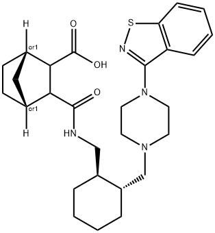 Bicyclo[2.2.1]heptane-2-carboxylic acid, 3-[[[[(1R,2R)-2-[[4-(1,2-benzisothiazol-3-yl)-1-piperazinyl]methyl]cyclohexyl]methyl]amino]carbonyl]-, (1S,4R)-rel- Structure