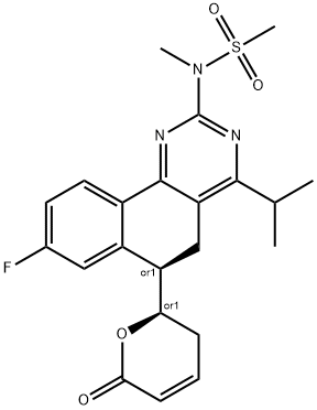 Methanesulfonamide, N-[(6R)-6-[(2R)-3,6-dihydro-6-oxo-2H-pyran-2-yl]-8-fluoro-5,6-dihydro-4-(1-methylethyl)benzo[h]quinazolin-2-yl]-N-methyl-, rel- Structure