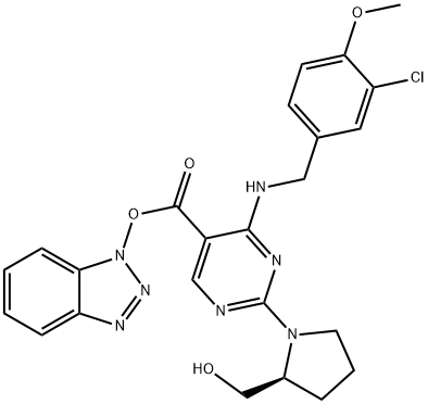 5-Pyrimidinecarboxylic acid, 4-[[(3-chloro-4-methoxyphenyl)methyl]amino]-2-[(2S)-2-(hydroxymethyl)-1-pyrrolidinyl]-, 1H-benzotriazol-1-yl ester Structure