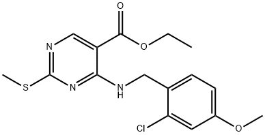 5-Pyrimidinecarboxylic acid, 4-[[(2-chloro-4-methoxyphenyl)methyl]amino]-2-(methylthio)-, ethyl ester 구조식 이미지