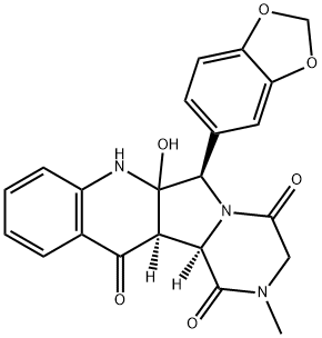 Pyrazino[1',2':1,5]pyrrolo[3,4-b]quinoline-1,4,12(6H)-trione, 6-(1,3-benzodioxol-5-yl)-2,3,6a,7,12a,12b-hexahydro-6a-hydroxy-2-methyl-, (6R,12aR,12bR)- 구조식 이미지