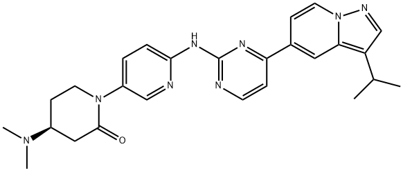 2-Piperidinone, 4-(dimethylamino)-1-[6-[[4-[3-(1-methylethyl)pyrazolo[1,5-a]pyridin-5-yl]-2-pyrimidinyl]amino]-3-pyridinyl]-, (4S)- Structure