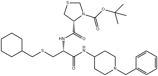 3-Thiazolidinecarboxylic acid, 4-[[[(1R)-1-[[(cyclohexylmethyl)thio]methyl]-2-oxo-2-[[1-(phenylmethyl)-4-piperidinyl]amino]ethyl]amino]carbonyl]-, 1,1-dimethylethyl ester, (4R)- Structure