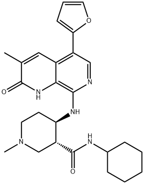 3-Piperidinecarboxamide, N-cyclohexyl-4-[[5-(2-furanyl)-1,2-dihydro-3-methyl-2-oxo-1,7-naphthyridin-8-yl]amino]-1-methyl-, (3R,4R)- 구조식 이미지