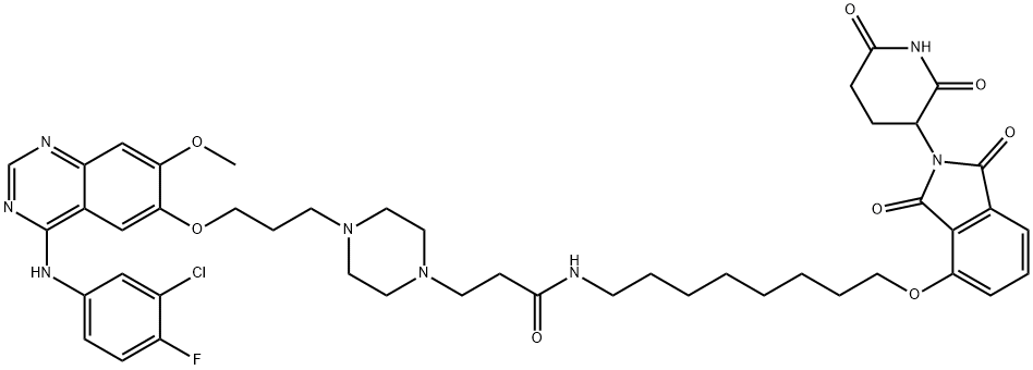 1-Piperazinepropanamide, 4-[3-[[4-[(3-chloro-4-fluorophenyl)amino]-7-methoxy-6-quinazolinyl]oxy]propyl]-N-[8-[[2-(2,6-dioxo-3-piperidinyl)-2,3-dihydro-1,3-dioxo-1H-isoindol-4-yl]oxy]octyl]- 구조식 이미지