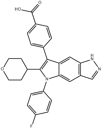 Benzoic acid, 4-[5-(4-fluorophenyl)-1,5-dihydro-6-(tetrahydro-2H-pyran-4-yl)pyrrolo[2,3-f]indazol-7-yl]- Structure