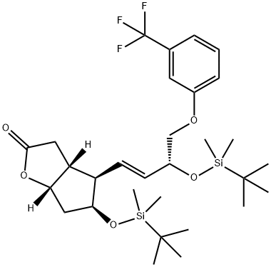 2H-Cyclopenta[b]furan-2-one, 5-[[(1,1-dimethylethyl)dimethylsilyl]oxy]-4-[(1E,3R)-3-[[(1,1-dimethylethyl)dimethylsilyl]oxy]-4-[3-(trifluoromethyl)phenoxy]-1-buten-1-yl]hexahydro-, (3aR,4R,5S,6aS)- 구조식 이미지