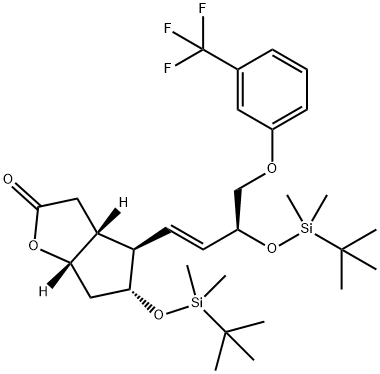 2H-Cyclopenta[b]furan-2-one, 5-[[(1,1-dimethylethyl)dimethylsilyl]oxy]-4-[(1E,3S)-3-[[(1,1-dimethylethyl)dimethylsilyl]oxy]-4-[3-(trifluoromethyl)phenoxy]-1-buten-1-yl]hexahydro-, (3aR,4R,5R,6aS)- 구조식 이미지