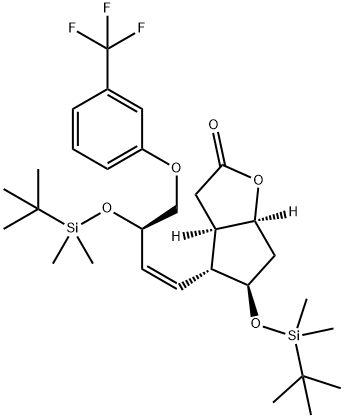 2H-Cyclopenta[b]furan-2-one, 5-[[(1,1-dimethylethyl)dimethylsilyl]oxy]-4-[(1Z,3R)-3-[[(1,1-dimethylethyl)dimethylsilyl]oxy]-4-[3-(trifluoromethyl)phenoxy]-1-buten-1-yl]hexahydro-, (3aR,4R,5R,6aS)- Structure