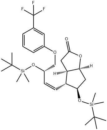 2H-Cyclopenta[b]furan-2-one, 5-[[(1,1-dimethylethyl)dimethylsilyl]oxy]-4-[(1Z,3S)-3-[[(1,1-dimethylethyl)dimethylsilyl]oxy]-4-[3-(trifluoromethyl)phenoxy]-1-buten-1-yl]hexahydro-, (3aR,4R,5R,6aS)- 구조식 이미지