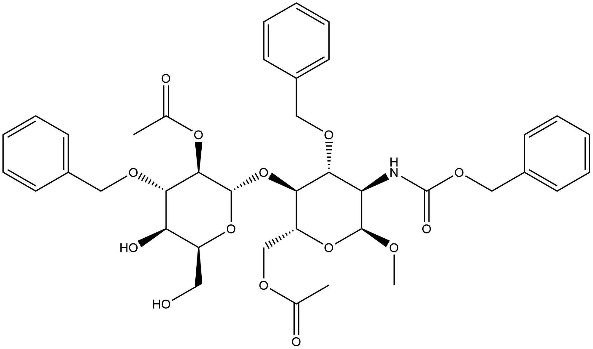 α-D-Glucopyranoside, methyl 4-O-[2-O-acetyl-3-O-(phenylmethyl)-α-L-idopyranosyl]-2-deoxy-2-[[(phenylmethoxy)carbonyl]amino]-3-O-(phenylmethyl)-, 6-acetate Structure