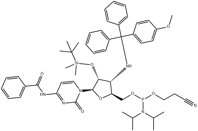 Cytidine, N-?benzoyl-?3'-?deoxy-?2'-?O-?[(1,?1-?dimethylethyl)?dimethylsilyl]?-?3'-?[[(4-?methoxyphenyl)?diphenylmethyl]?amino]?-?, 5'-?[2-?cyanoethyl bis(1-?methylethyl)?phosphoramidite] (9CI) Structure