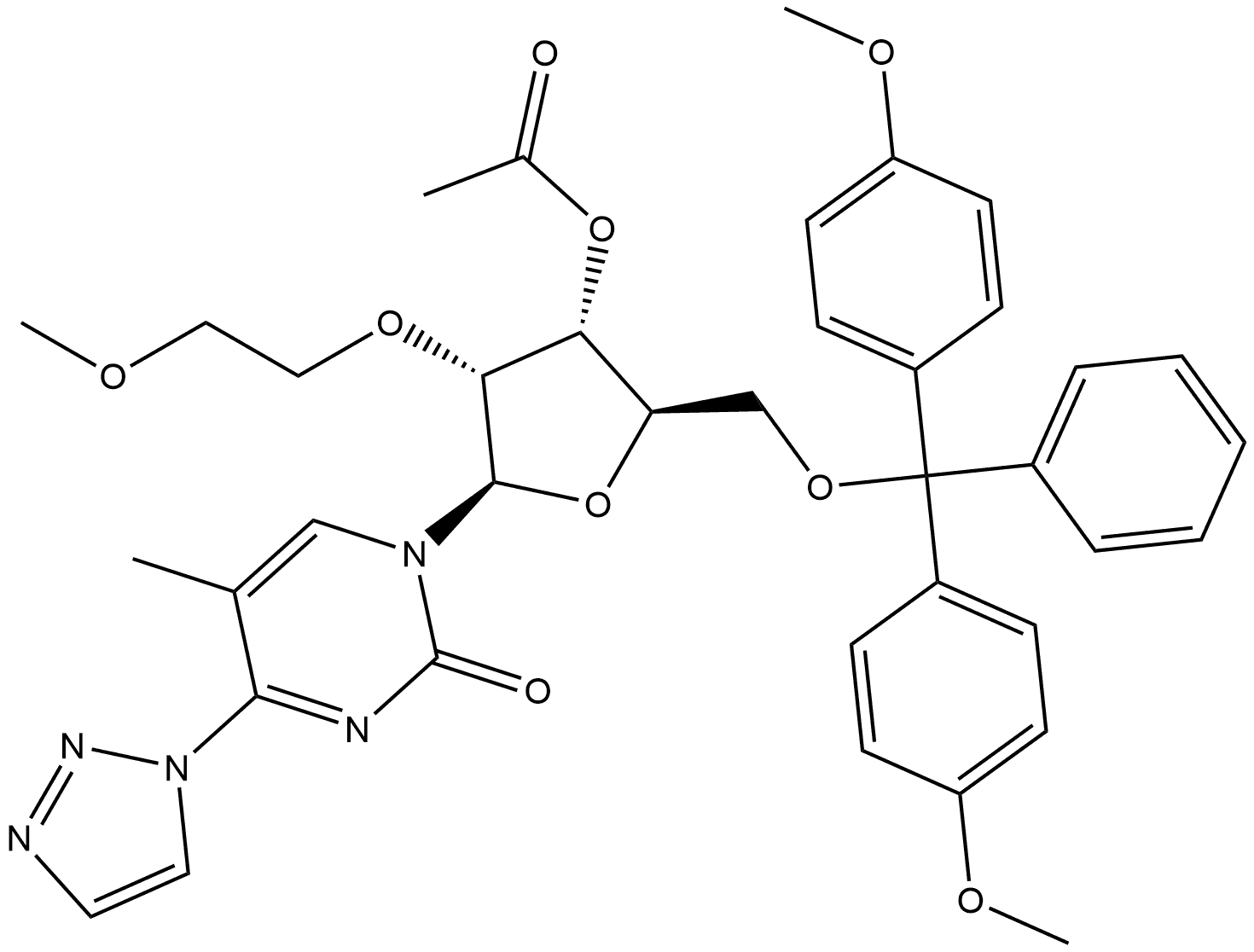 2(1H)-Pyrimidinone, 1-[3-O-acetyl-5-O-[bis(4-methoxyphenyl)phenylmethyl]-2-O-(2-methoxyethyl)-β-D-ribofuranosyl]-5-methyl-4-(1H-1,2,3-triazol-1-yl)- 구조식 이미지