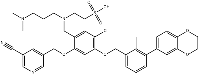 Ethanesulfonic acid, 2-[[[5-chloro-2-[(5-cyano-3-pyridinyl)methoxy]-4-[[3-(2,3-dihydro-1,4-benzodioxin-6-yl)-2-methylphenyl]methoxy]phenyl]methyl][3-(dimethylamino)propyl]amino]- Structure