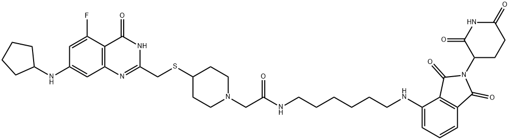 1-Piperidineacetamide, 4-[[[7-(cyclopentylamino)-5-fluoro-3,4-dihydro-4-oxo-2-quinazolinyl]methyl]thio]-N-[6-[[2-(2,6-dioxo-3-piperidinyl)-2,3-dihydro-1,3-dioxo-1H-isoindol-4-yl]amino]hexyl]- 구조식 이미지