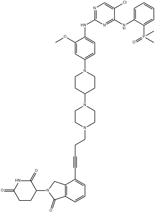 2,6-Piperidinedione, 3-[4-[4-[4-[1-[4-[[5-chloro-4-[[2-(dimethylphosphinyl)phenyl]amino]-2-pyrimidinyl]amino]-3-methoxyphenyl]-4-piperidinyl]-1-piperazinyl]-1-butyn-1-yl]-1,3-dihydro-1-oxo-2H-isoindol-2-yl]- 구조식 이미지