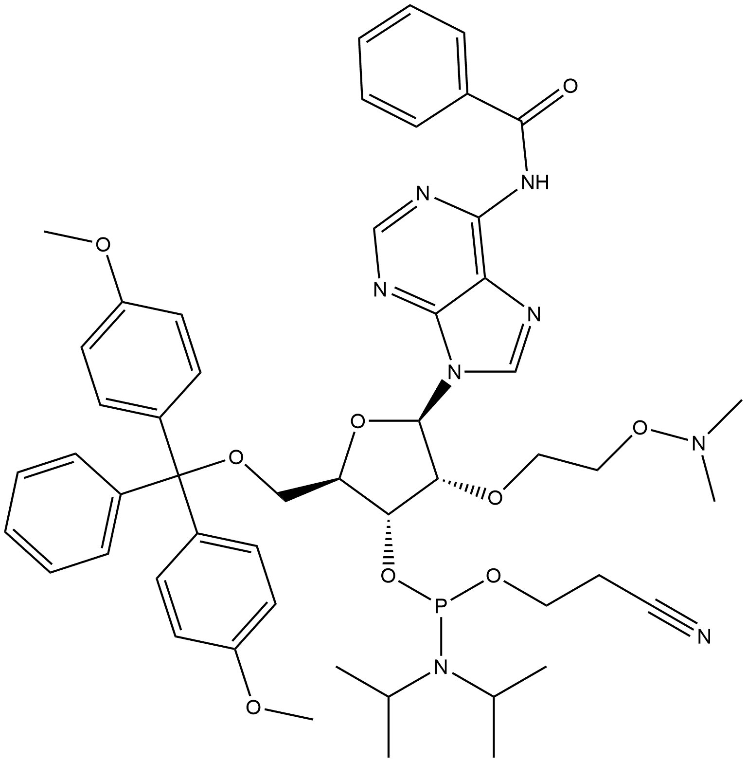 Adenosine, N-benzoyl-5'-O-[bis(4-methoxyphenyl)phenylmethyl]-2'-O-[2-[(dimethylamino)oxy]ethyl]-, 3'-[2-cyanoethyl bis(1-methylethyl)phosphoramidite] (9CI) Structure