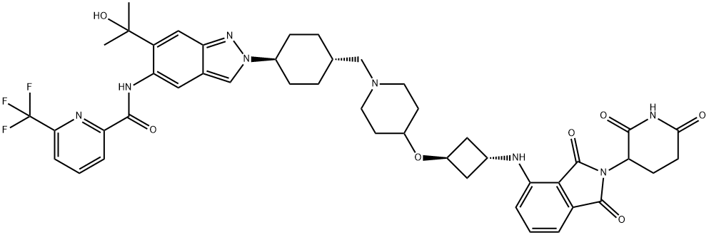 2-Pyridinecarboxamide, N-[2-[trans-4-[[4-[[trans-3-[[2-(2,6-dioxo-3-piperidinyl)-2,3-dihydro-1,3-dioxo-1H-isoindol-4-yl]amino]cyclobutyl]oxy]-1-piperidinyl]methyl]cyclohexyl]-6-(1-hydroxy-1-methylethyl)-2H-indazol-5-yl]-6-(trifluoromethyl)- Structure