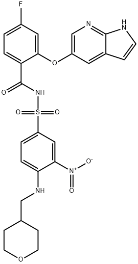 Benzamide, 4-fluoro-N-[[3-nitro-4-[[(tetrahydro-2H-pyran-4-yl)methyl]amino]phenyl]sulfonyl]-2-(1H-pyrrolo[2,3-b]pyridin-5-yloxy)- Structure