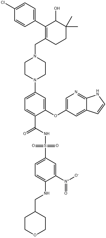Benzamide, 4-[4-[[2-(4-chlorophenyl)-3-hydroxy-4,4-dimethyl-1-cyclohexen-1-yl]methyl]-1-piperazinyl]-N-[[3-nitro-4-[[(tetrahydro-2H-pyran-4-yl)methyl]amino]phenyl]sulfonyl]-2-(1H-pyrrolo[2,3-b]pyridin-5-yloxy)- Structure