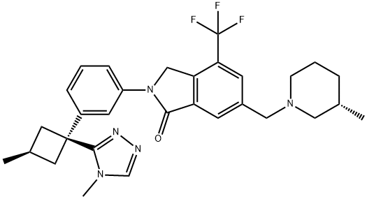1H-Isoindol-1-one, 2,3-dihydro-2-[3-[cis-3-methyl-1-(4-methyl-4H-1,2,4-triazol-3-yl)cyclobutyl]phenyl]-6-[[(3S)-3-methyl-1-piperidinyl]methyl]-4-(trifluoromethyl)- 구조식 이미지