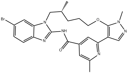 1H,10H-4,8-Metheno-17H-pyrazolo[3',4':2,3][1,5,10,12]oxatriazacycloheptadecino[12,11-a]benzimidazol-9-one, 14-bromo-18,19,20,21-tetrahydro-1,6,18-trimethyl-, (18R)- Structure