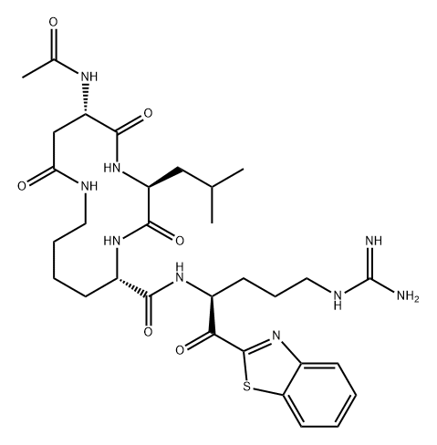 1,4,9-Triazacyclotetradecane-14-carboxamide, 6-(acetylamino)-N-[(1S)-4-[(aminoiminomethyl)amino]-1-(2-benzothiazolylcarbonyl)butyl]-3-(2-methylpropyl)-2,5,8-trioxo-, (3S,6S,14S)- Structure