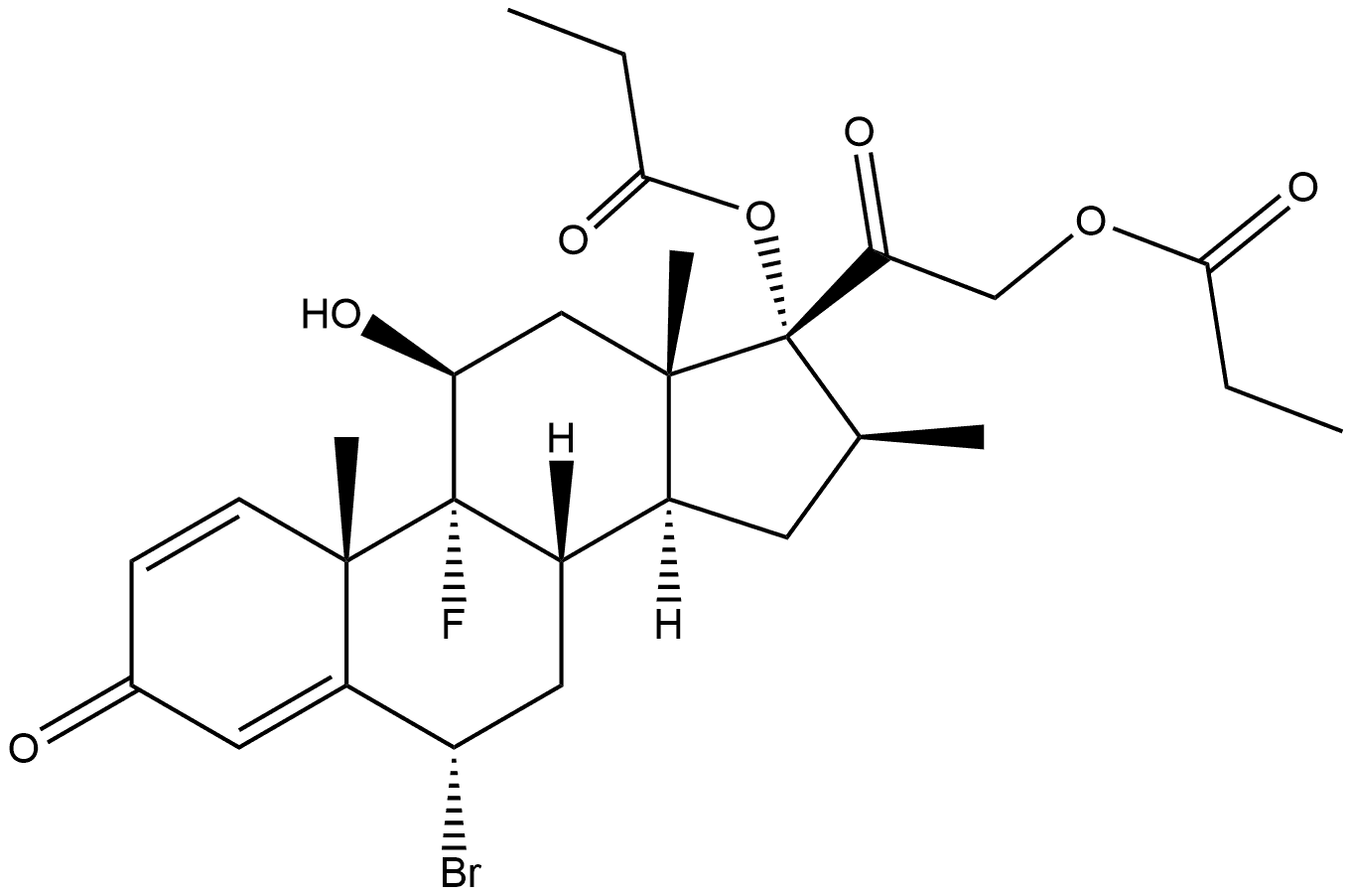 Pregna-1,4-diene-3,20-dione, 6-bromo-9-fluoro-11-hydroxy-16-methyl-17,21-bis(1-oxopropoxy)-, (6α,11β,16β)- 구조식 이미지