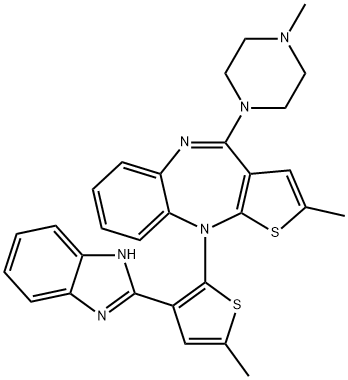 10H-Thieno[2,3-b][1,5]benzodiazepine, 10-[3-(1H-benzimidazol-2-yl)-5-methyl-2-thienyl]-2-methyl-4-(4-methyl-1-piperazinyl)- Structure