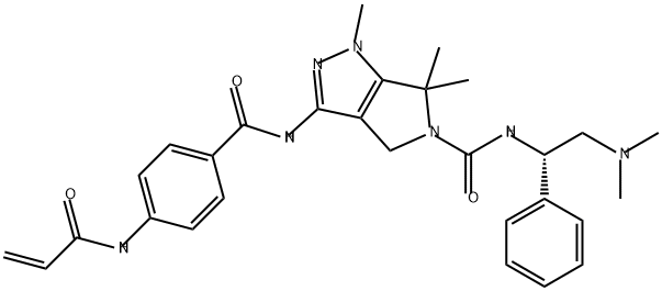 Pyrrolo[3,4-c]pyrazole-5(1H)-carboxamide, N-[(1S)-2-(dimethylamino)-1-phenylethyl]-4,6-dihydro-1,6,6-trimethyl-3-[[4-[(1-oxo-2-propen-1-yl)amino]benzoyl]amino]- Structure