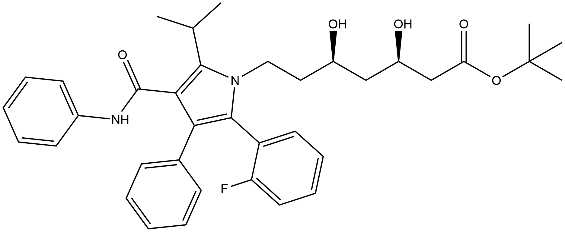 1H-Pyrrole-1-heptanoic acid, 2-(2-fluorophenyl)-β,δ-dihydroxy-5-(1-methylethyl)-3-phenyl-4-[(phenylamino)carbonyl]-, 1,1-dimethylethyl ester, (βR,δR)- Structure