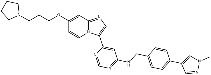 4-Pyrimidinamine, N-[[4-(1-methyl-1H-pyrazol-4-yl)phenyl]methyl]-6-[7-[3-(1-pyrrolidinyl)propoxy]imidazo[1,2-a]pyridin-3-yl]- 구조식 이미지