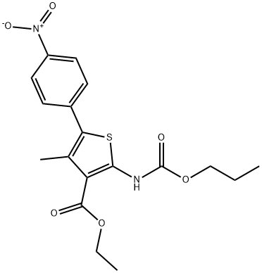 3-Thiophenecarboxylic acid, 4-methyl-5-(4-nitrophenyl)-2-[(propoxycarbonyl)amino]-, ethyl ester 구조식 이미지