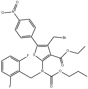 3-Thiophenecarboxylic acid, 4-(bromomethyl)-2-[[(2,6-difluorophenyl)methyl](propoxycarbonyl)amino]-5-(4-nitrophenyl)-, ethyl ester 구조식 이미지