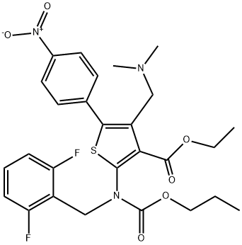 3-Thiophenecarboxylic acid, 2-[[(2,6-difluorophenyl)methyl](propoxycarbonyl)amino]-4-[(dimethylamino)methyl]-5-(4-nitrophenyl)-, ethyl ester 구조식 이미지