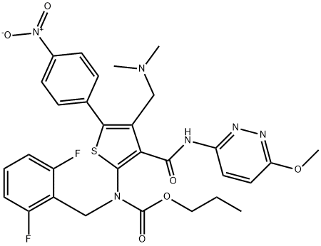 Carbamic acid, N-[(2,6-difluorophenyl)methyl]-N-[4-[(dimethylamino)methyl]-3-[[(6-methoxy-3-pyridazinyl)amino]carbonyl]-5-(4-nitrophenyl)-2-thienyl]-, propyl ester Structure