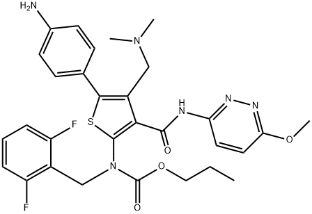 Carbamic acid, N-[5-(4-aminophenyl)-4-[(dimethylamino)methyl]-3-[[(6-methoxy-3-pyridazinyl)amino]carbonyl]-2-thienyl]-N-[(2,6-difluorophenyl)methyl]-, propyl ester 구조식 이미지
