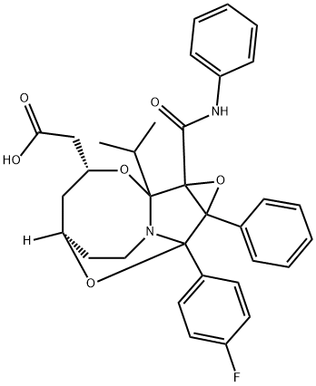 5,9-Epoxy-3H-oxireno[3,4]pyrrolo[2,1-b][1,3]oxazocine-3-acetic acid, 9-(4-fluorophenyl)octahydro-1b-(1-methylethyl)-9a-phenyl-1a-[(phenylamino)carbonyl]-, (3R,5R)- Structure