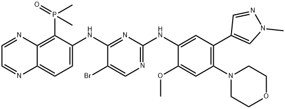 2,4-Pyrimidinediamine, 5-bromo-N4-[5-(dimethylphosphinyl)-6-quinoxalinyl]-N2-[2-methoxy-5-(1-methyl-1H-pyrazol-4-yl)-4-(4-morpholinyl)phenyl]- Structure