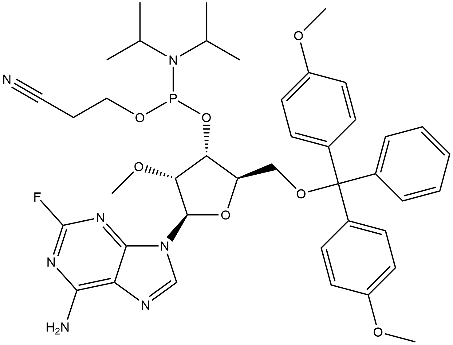 Adenosine, 5′-O-[bis(4-methoxyphenyl)phenylmethyl]-2-fluoro-2′-O-methyl-, 3′-[2-cyanoethyl N,N-bis(1-methylethyl)phosphoramidite] Structure